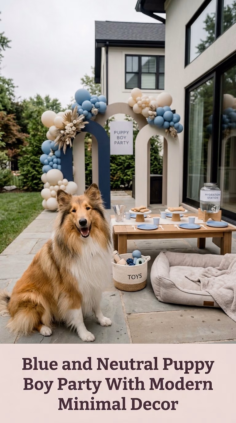 Blue and Neutral Puppy Boy Party With Modern Minimal Decor