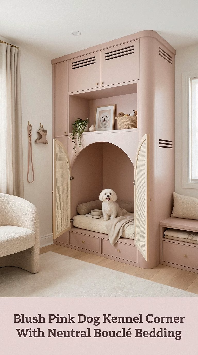 Blush Pink Dog Kennel Corner With Neutral Bouclé Bedding