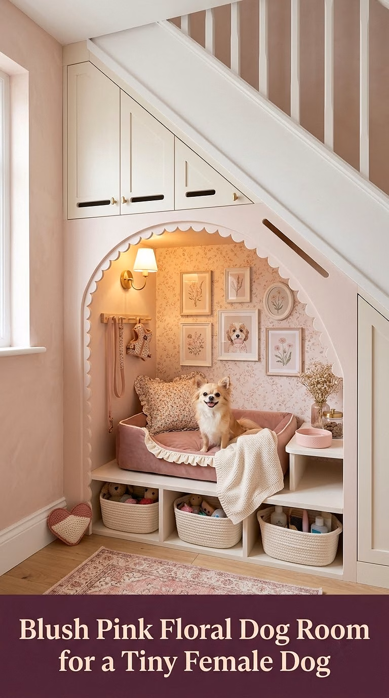 4. Blush Pink Floral Dog Room for a Tiny Female Dog