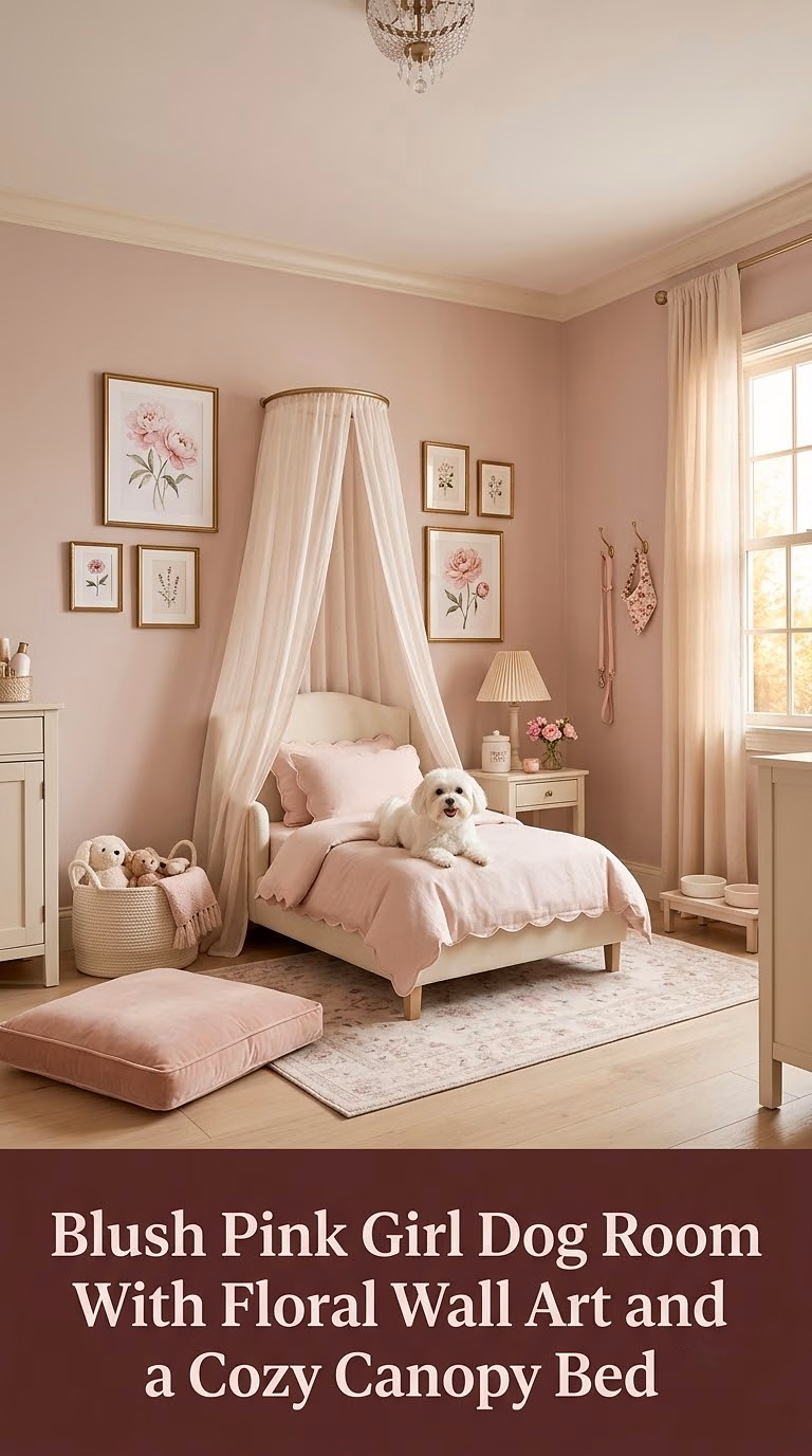 4. Blush Pink Girl Dog Room With Floral Wall Art and a Cozy Canopy Bed