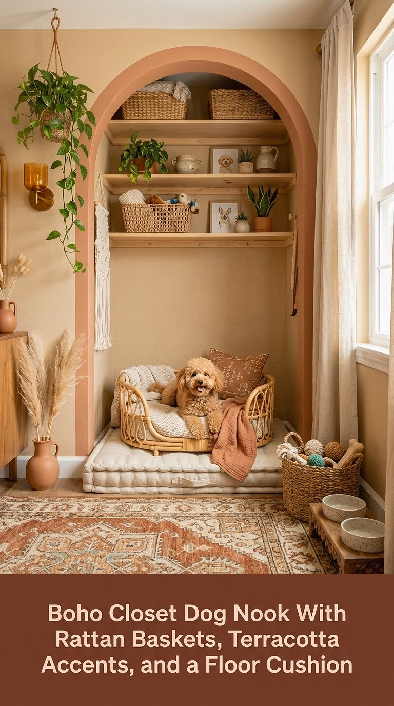 4. Boho Closet Dog Nook With Rattan Baskets, Terracotta Accents, and a Floor Cushion