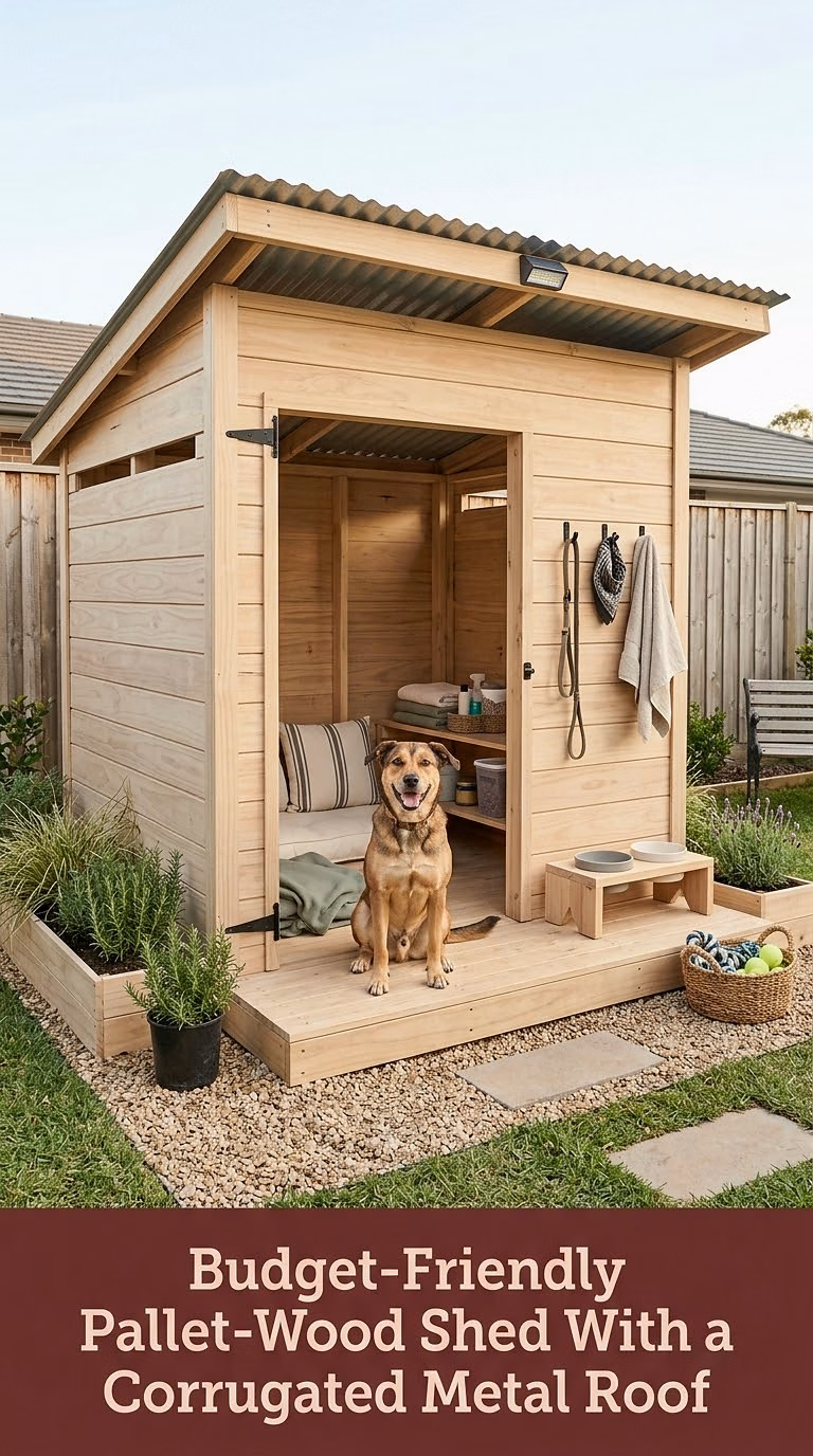 4. Budget-Friendly Pallet-Wood Shed With a Corrugated Metal Roof