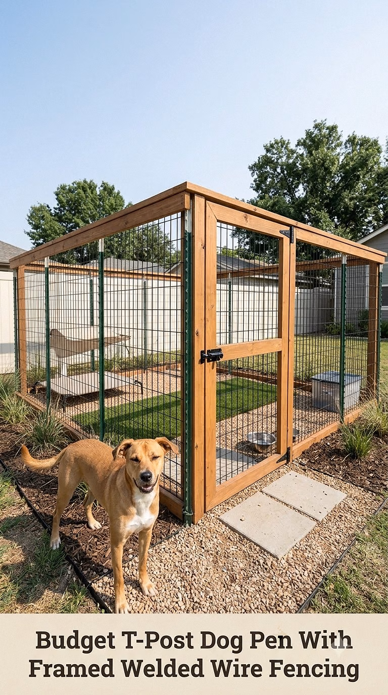 Budget T-Post Dog Pen With Framed Welded Wire Fencing