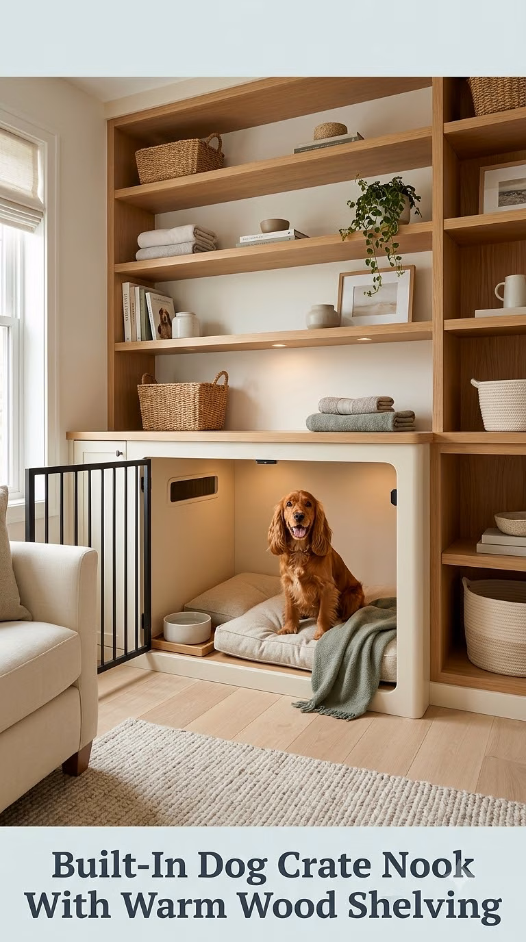 Built-In Dog Crate Nook With Warm Wood Shelving