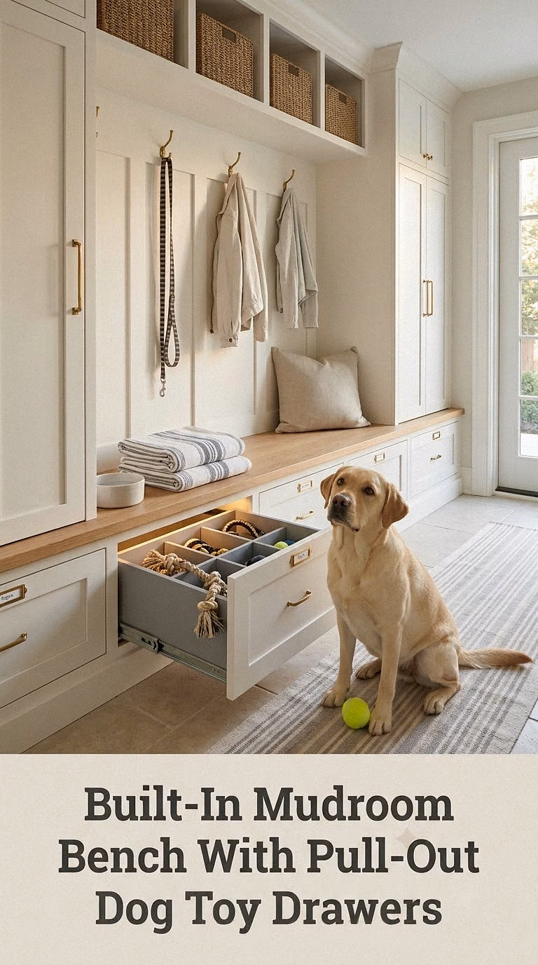 Built-In Mudroom Bench With Pull-Out Dog Toy Drawers