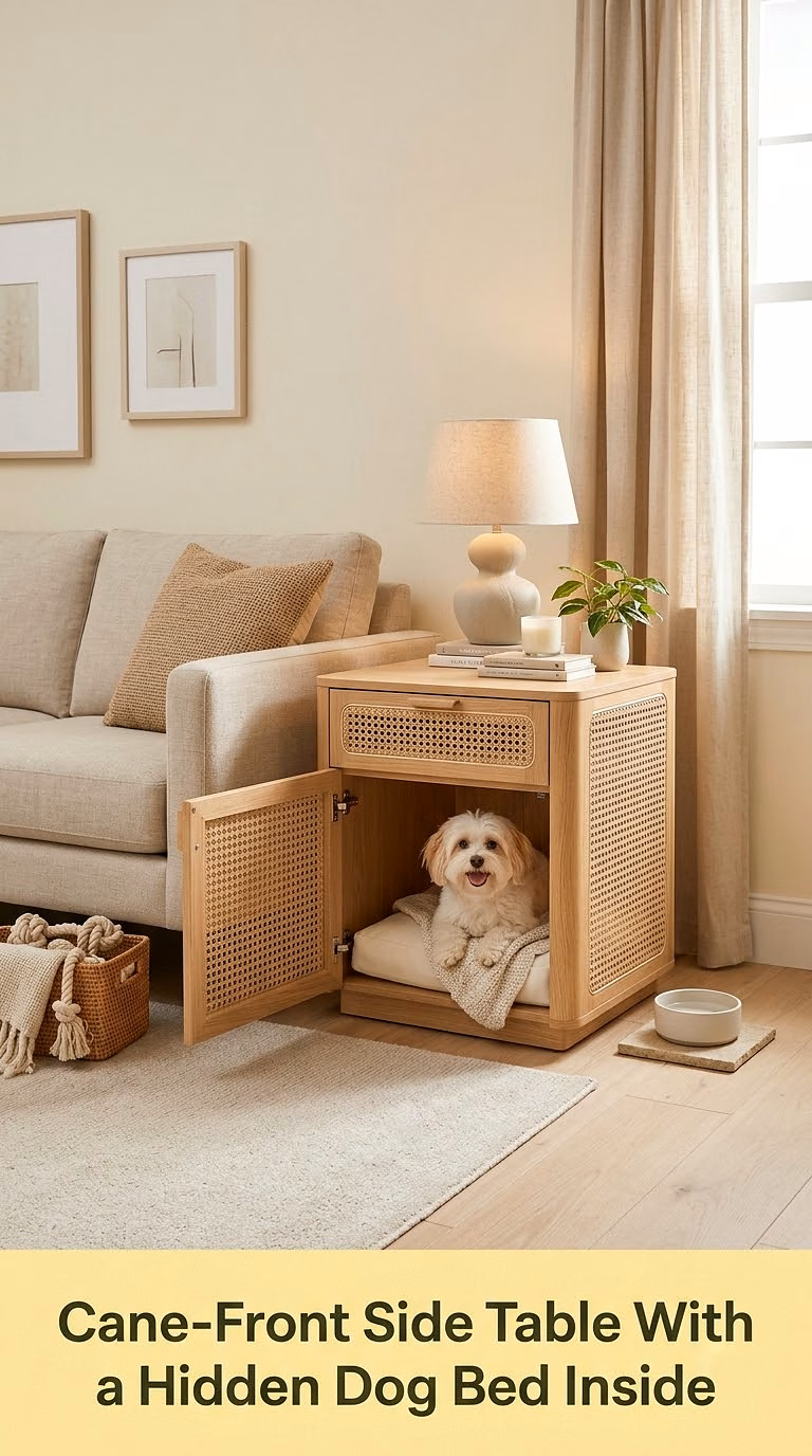 4. Cane-Front Side Table With a Hidden Dog Bed Inside