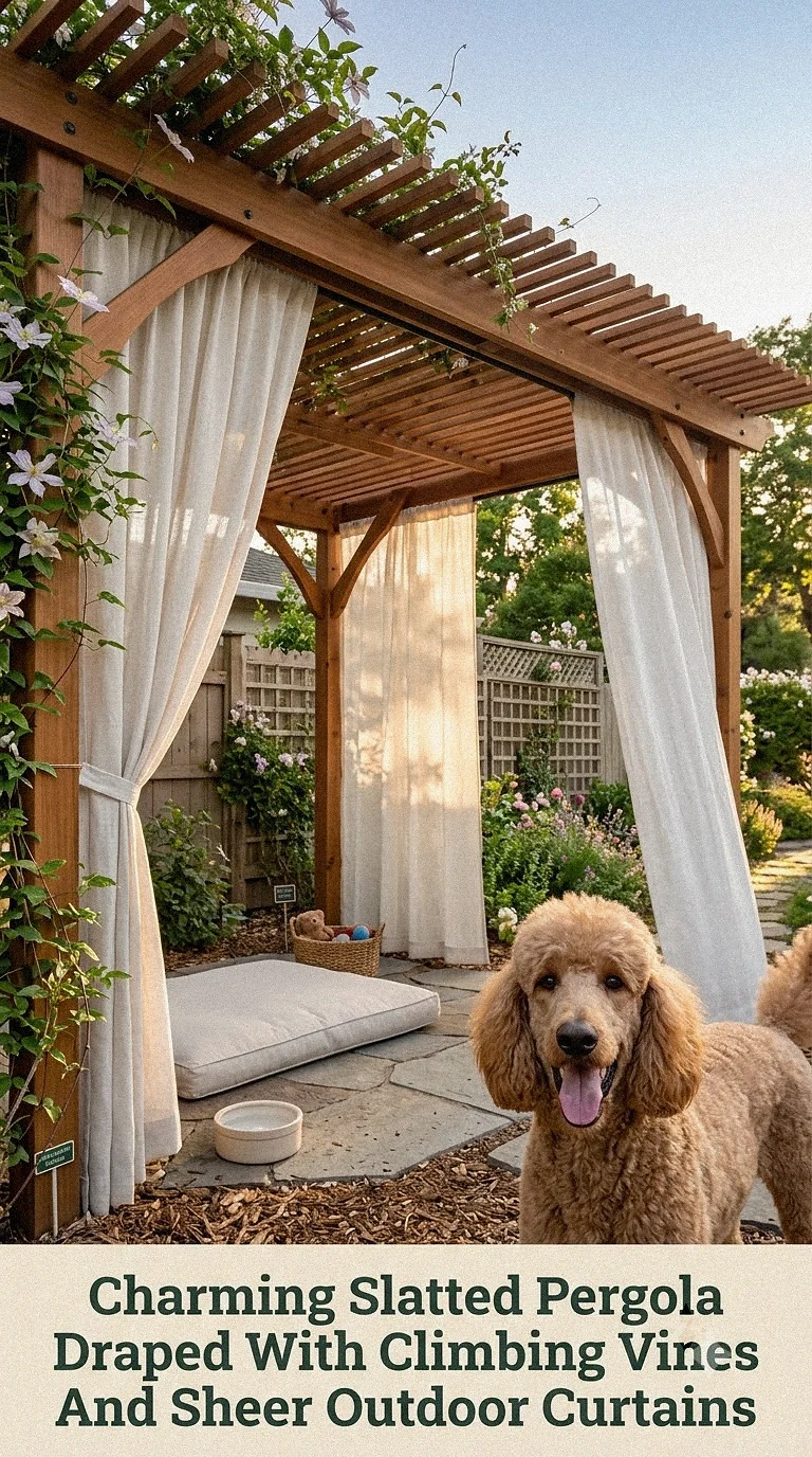 Charming Slatted Pergola Draped With Climbing Vines And Sheer Outdoor Curtains