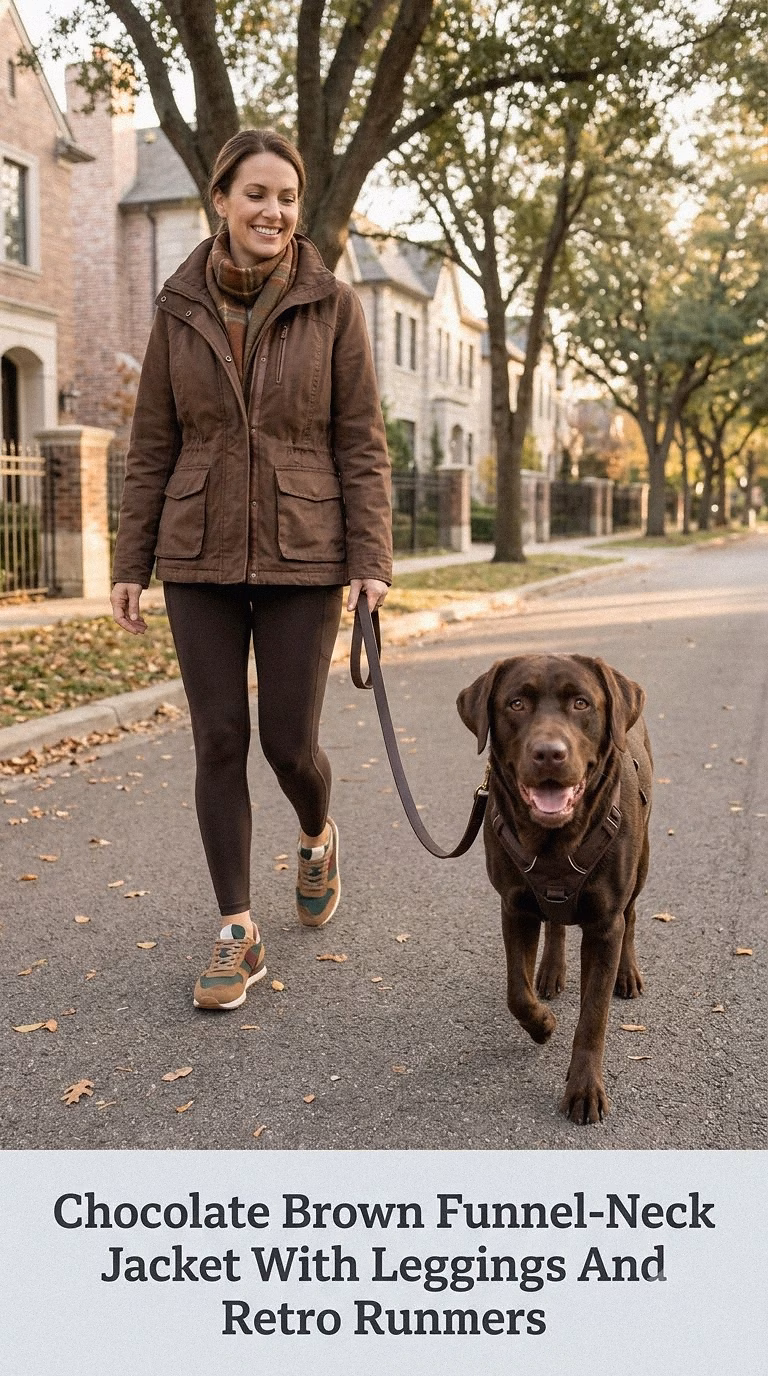 Chocolate Brown Funnel-Neck Jacket With Leggings And Retro Runners
