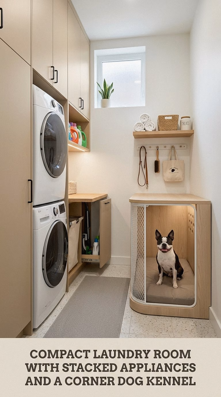 Compact Laundry Room With Stacked Appliances and a Corner Dog Kennel