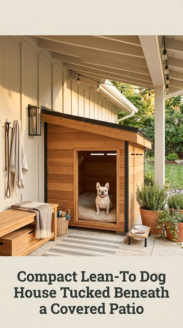 Compact Lean-To Dog House Tucked Beneath a Covered Patio