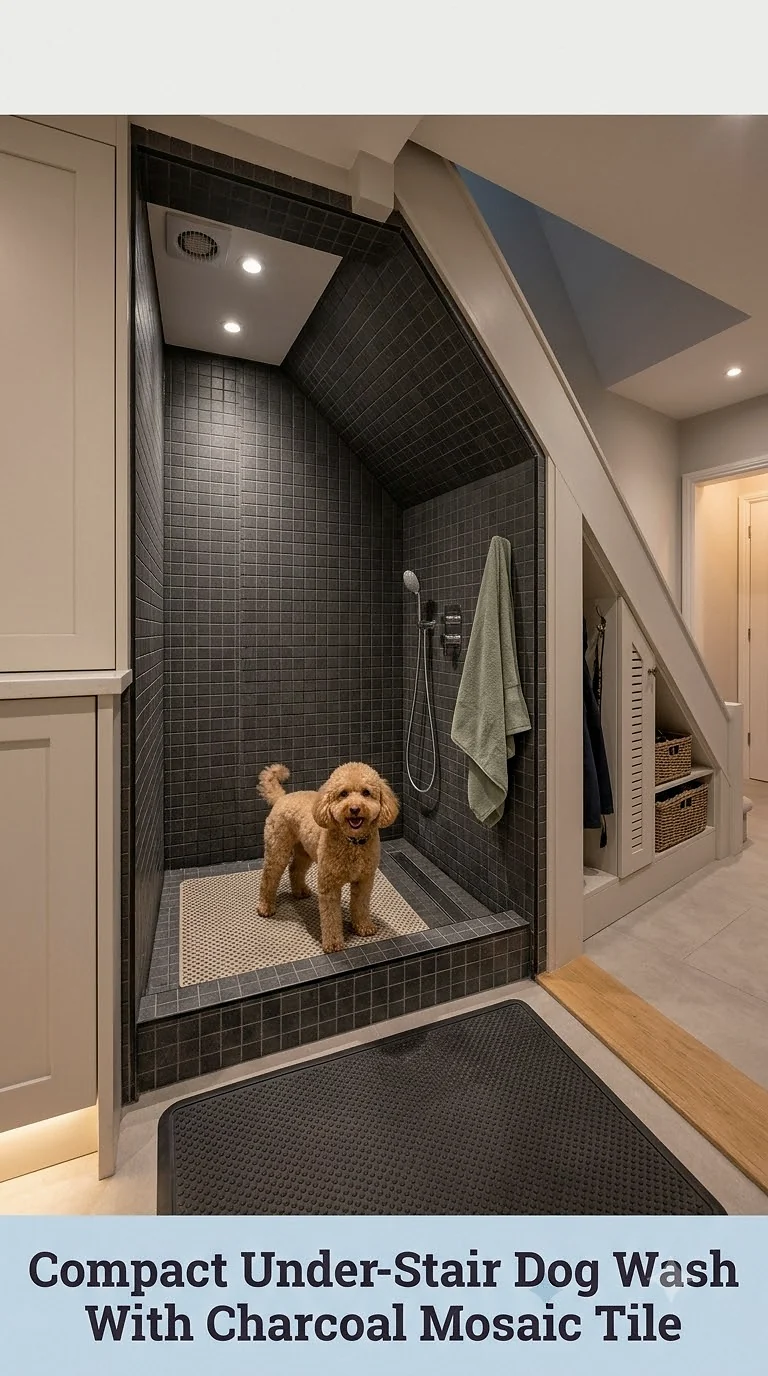 Compact Under-Stair Dog Wash With Charcoal Mosaic Tile