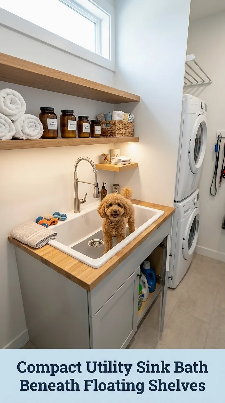 Compact Utility Sink Bath Beneath Floating Shelves