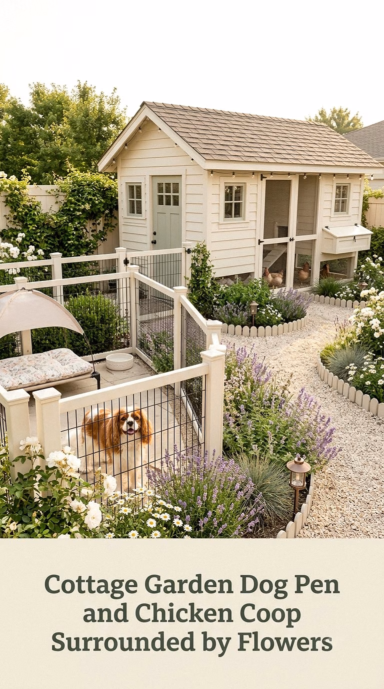Cottage Garden Dog Pen and Chicken Coop Surrounded by Flowers