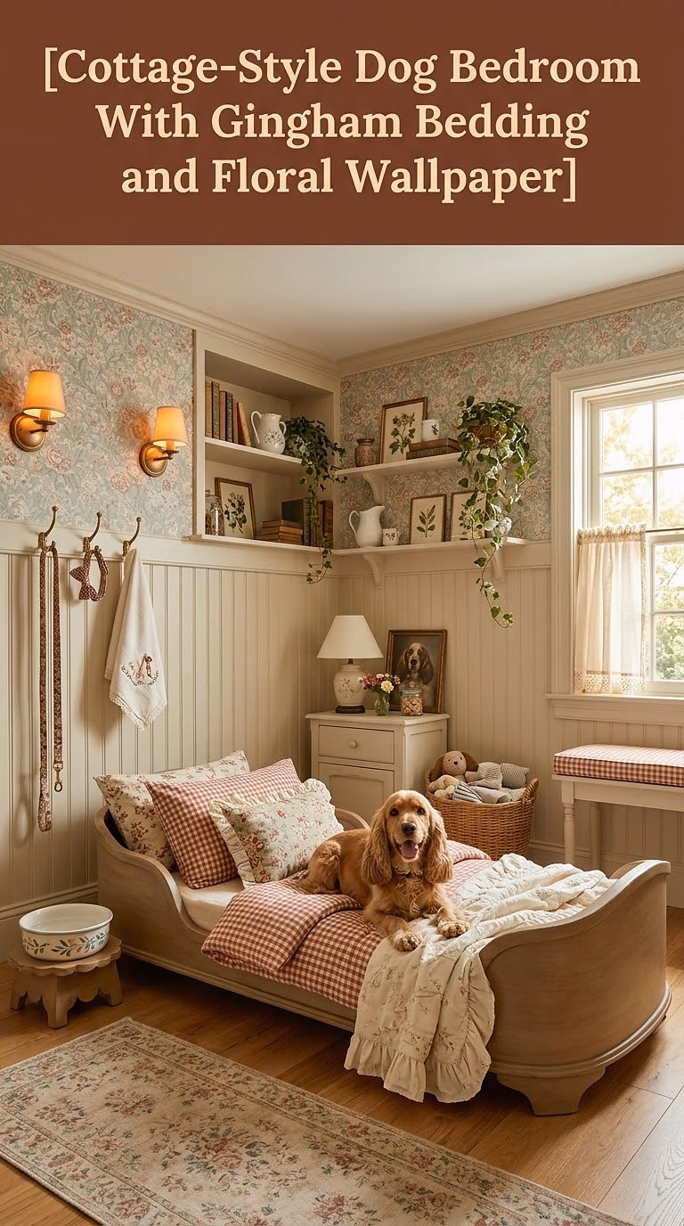 4. Cottage-Style Dog Bedroom With Gingham Bedding and Floral Wallpaper