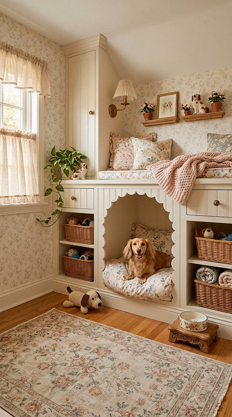 4. Cottage-Style Dog Cubby With Scalloped Trim and Floral Bedding