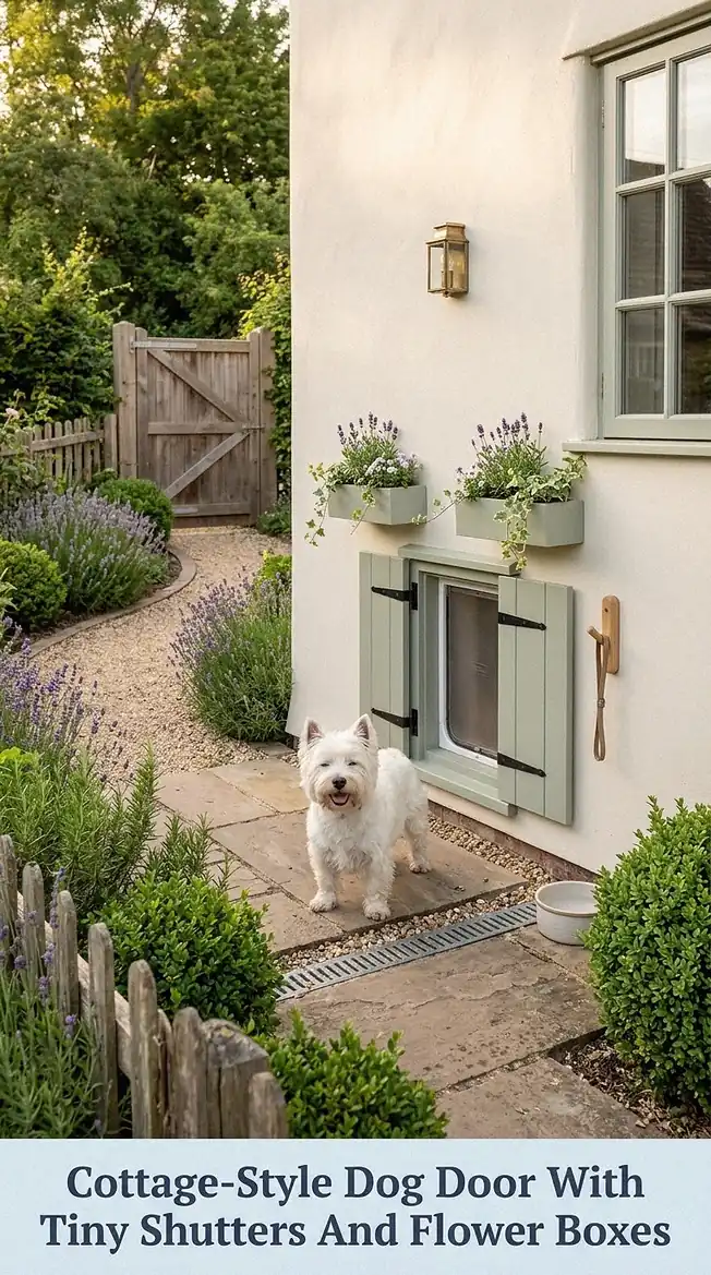 Cottage-Style Dog Door With Tiny Shutters And Flower Boxes