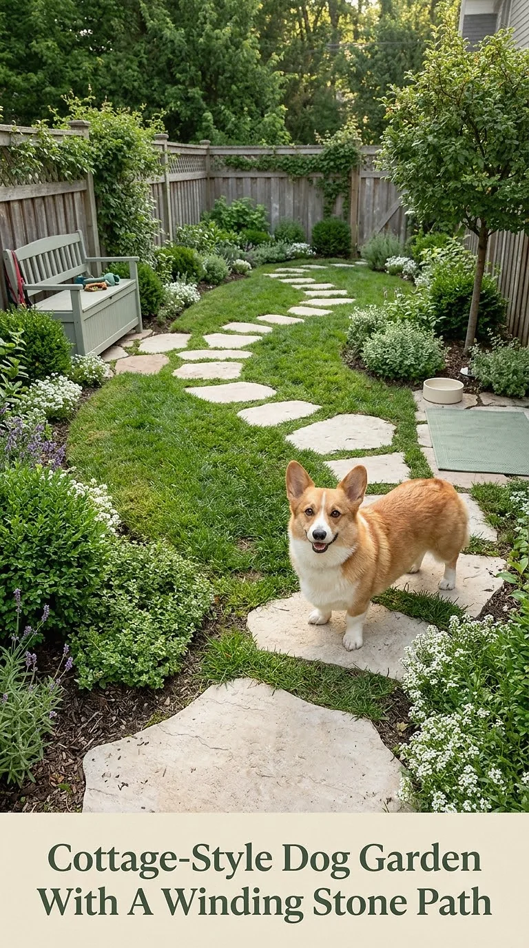 Cottage-Style Dog Garden With A Winding Stone Path