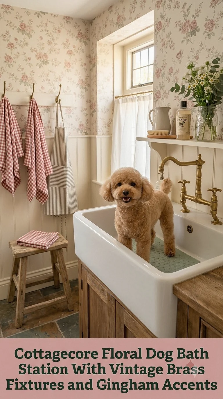 Cottagecore Floral Dog Bath Station With Vintage Brass Fixtures and Gingham Accents