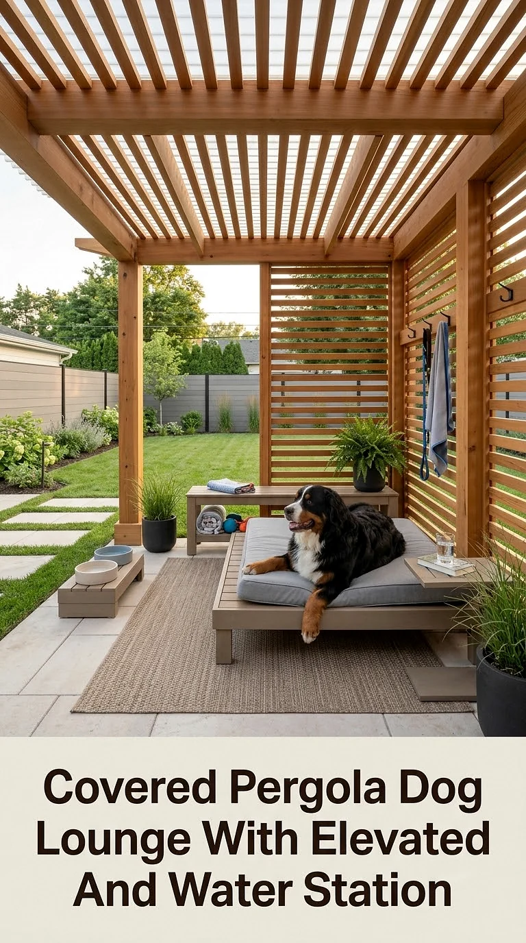 Covered Pergola Dog Lounge With Elevated Bed And Water Station