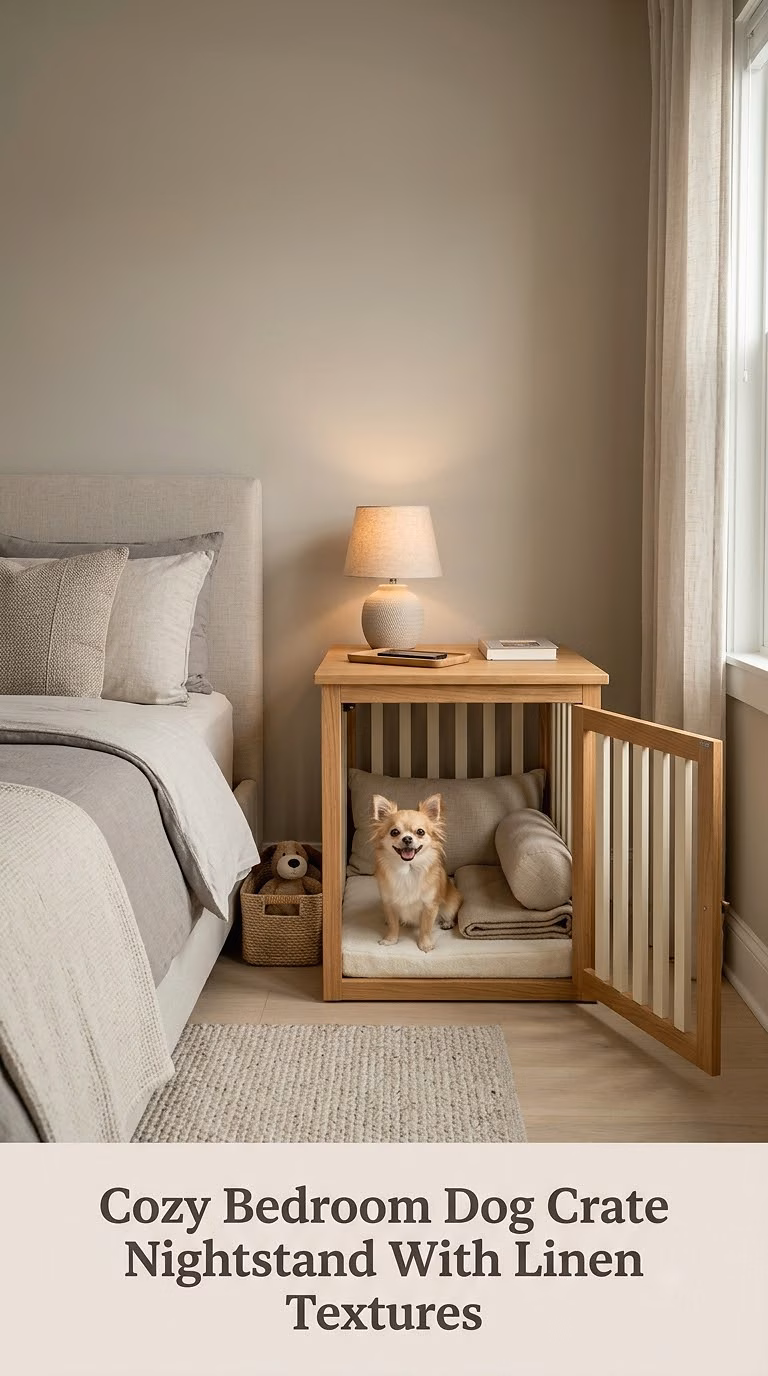 Cozy Bedroom Dog Crate Nightstand With Linen Textures