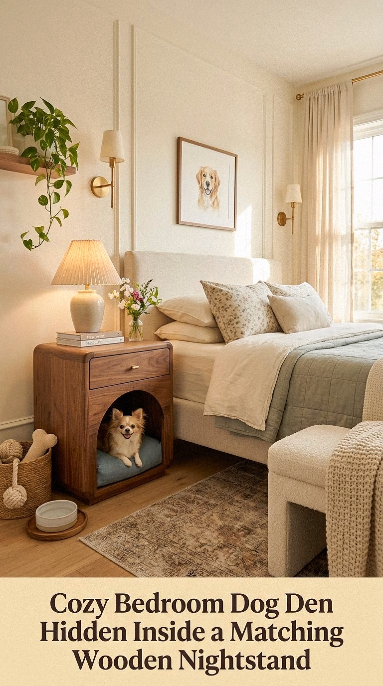 4. Cozy Bedroom Dog Den Hidden Inside a Matching Wooden Nightstand