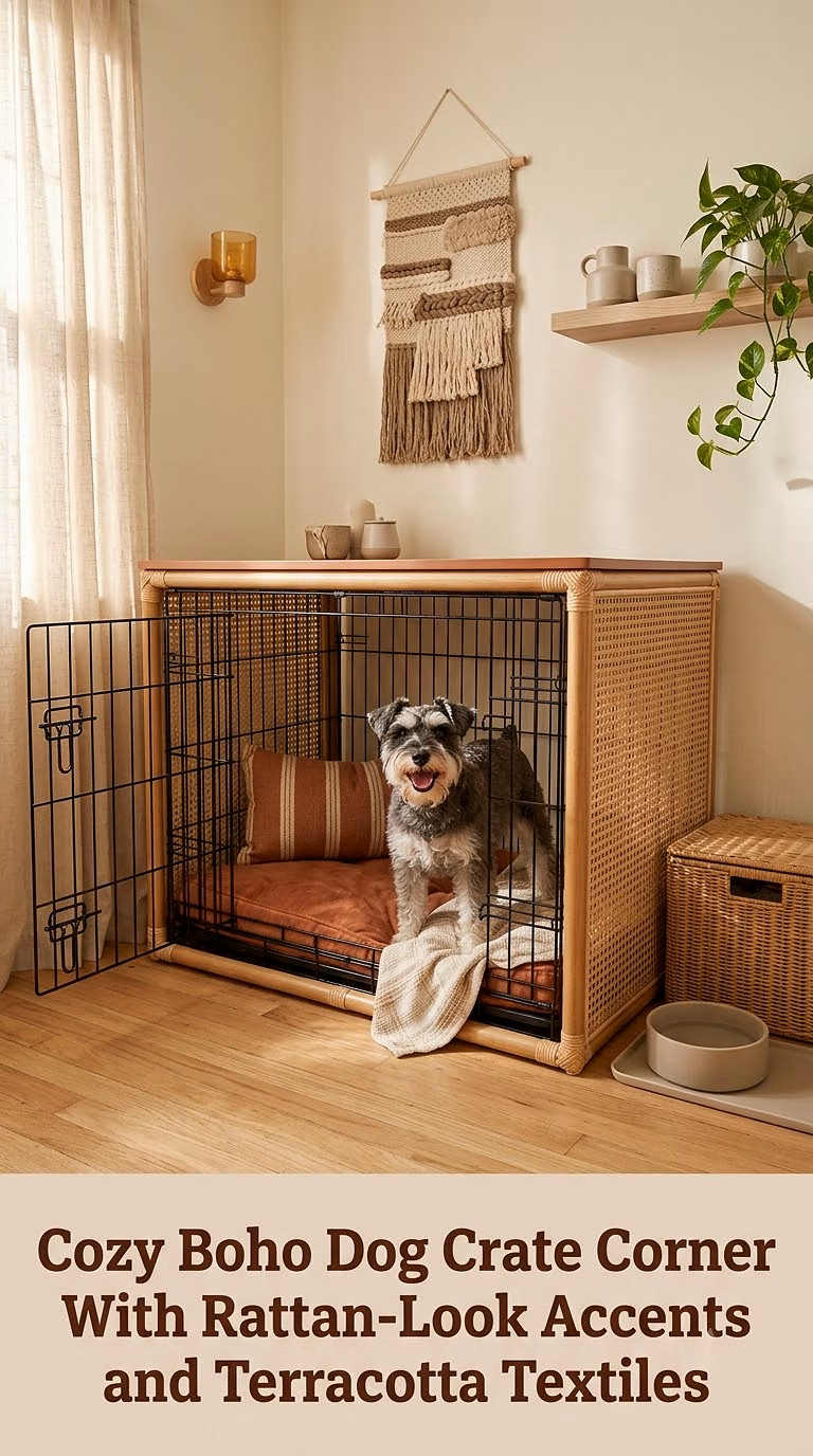 Cozy Boho Dog Crate Corner With Rattan-Look Accents and Terracotta Textiles