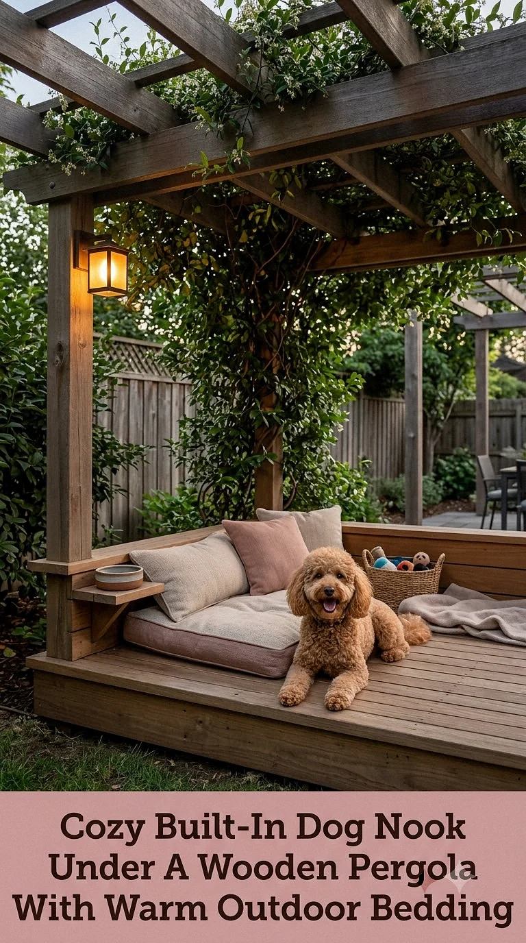 Cozy Built-In Dog Nook Under A Wooden Pergola With Warm Outdoor Bedding
