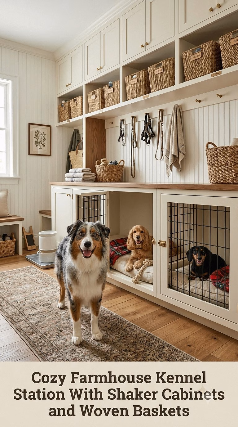 Cozy Farmhouse Kennel Station With Shaker Cabinets and Woven Baskets