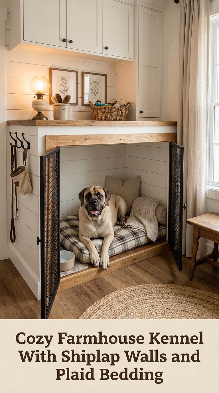 Cozy Farmhouse Kennel With Shiplap Walls and Plaid Bedding