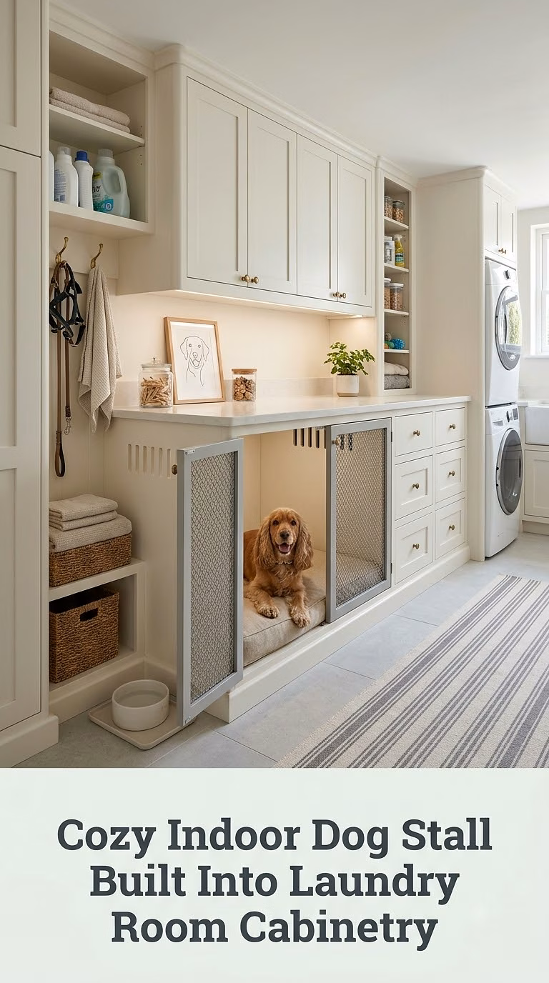 Cozy Indoor Dog Stall Built Into Laundry Room Cabinetry
