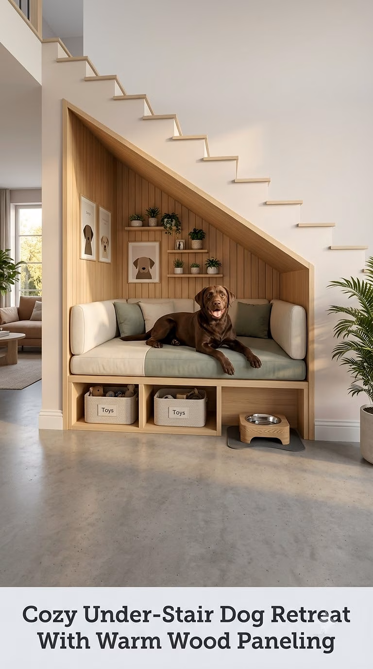 Cozy Under-Stair Dog Retreat With Warm Wood Paneling