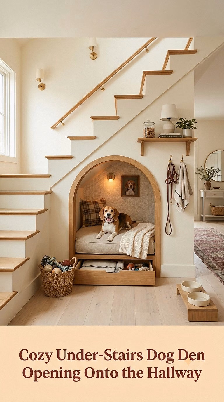 4. Cozy Under-Stairs Dog Den Opening Onto the Hallway