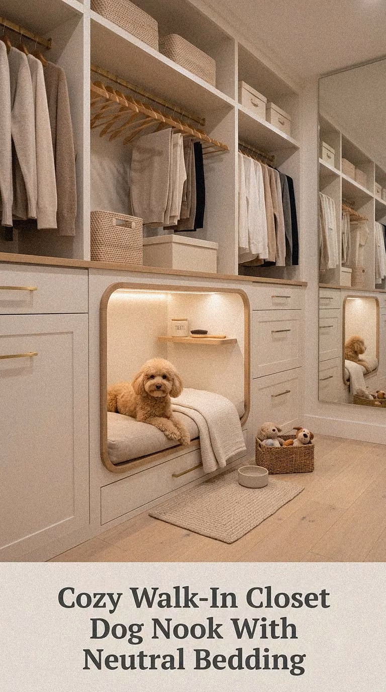 Cozy Walk-In Closet Dog Nook With Neutral Bedding