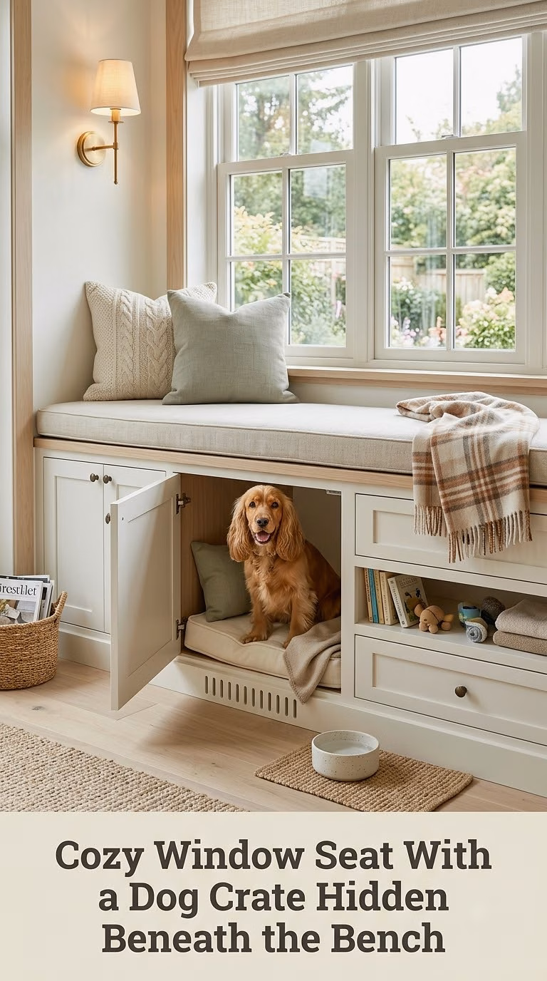 Cozy Window Seat With a Dog Crate Hidden Beneath the Bench