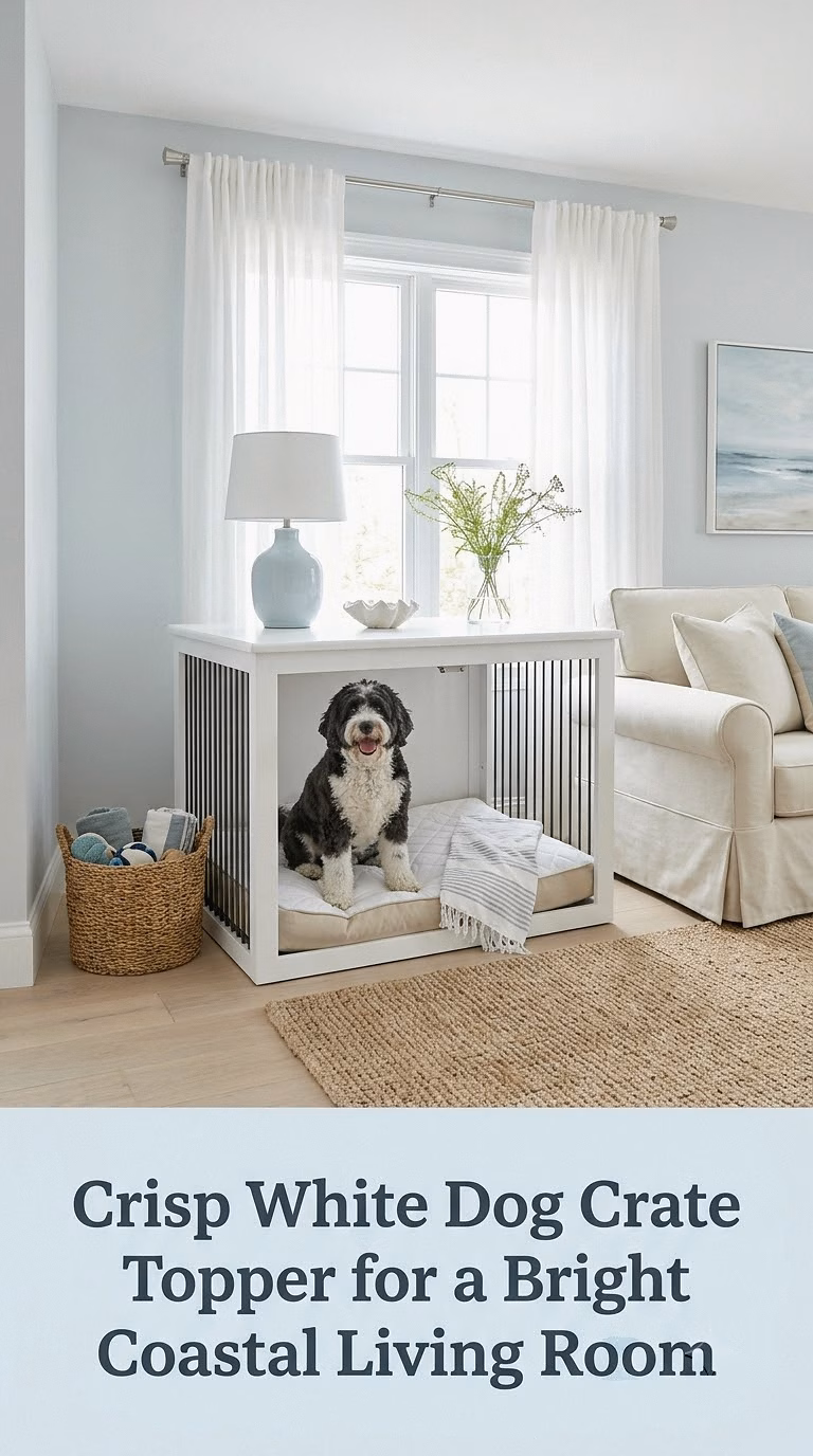 Crisp White Dog Crate Topper for a Bright Coastal Living Room