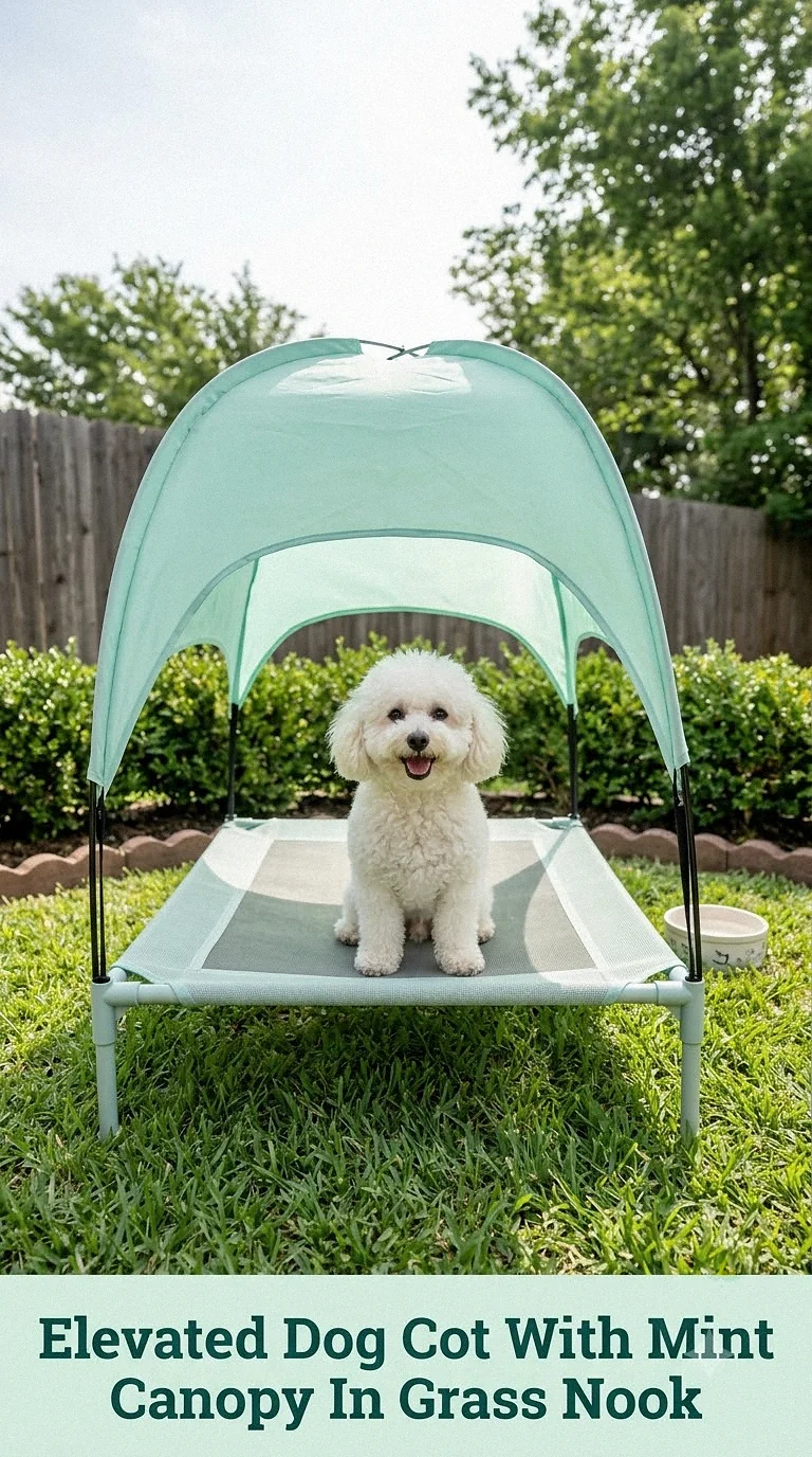Elevated Dog Cot With Mint Canopy In Grass Nook