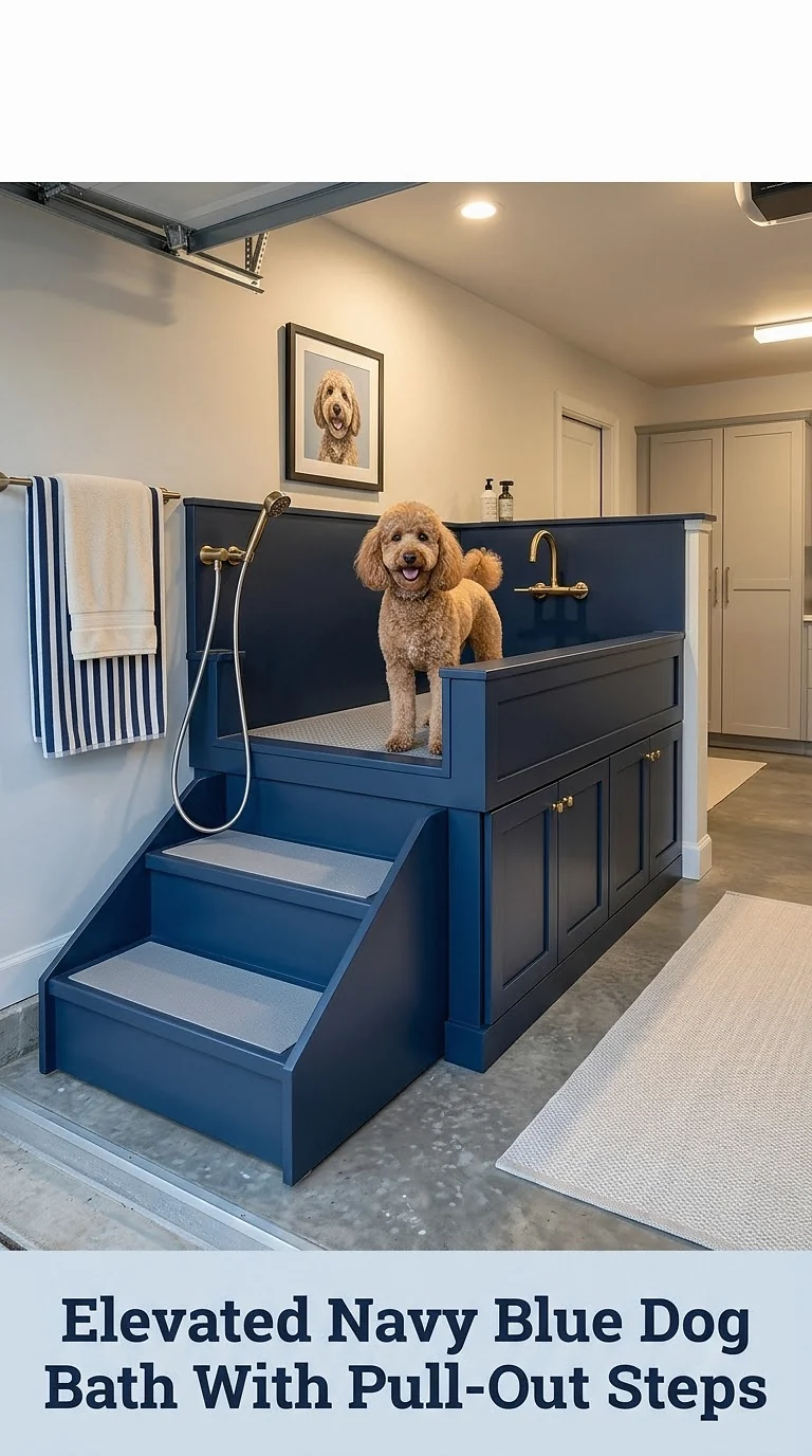 Elevated Navy Blue Dog Bath With Pull-Out Steps