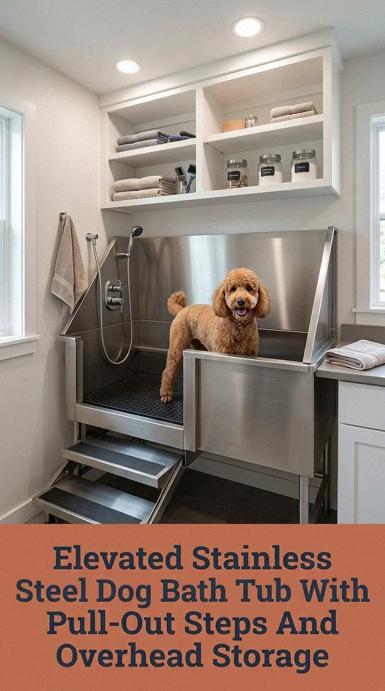 Elevated Stainless Steel Dog Bath Tub With Pull-Out Steps And Overhead Storage