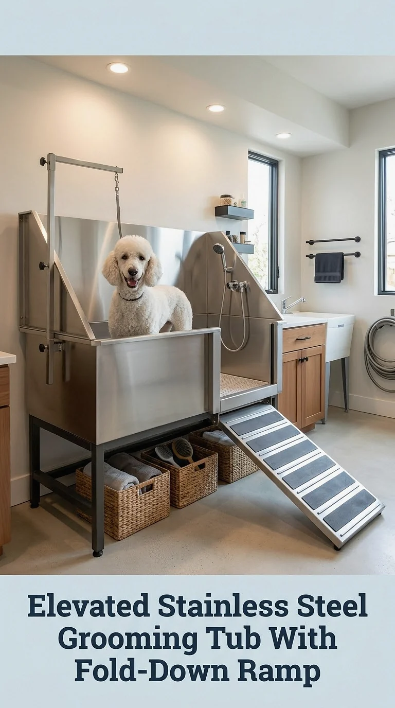 Elevated Stainless Steel Grooming Tub With Fold-Down Ramp