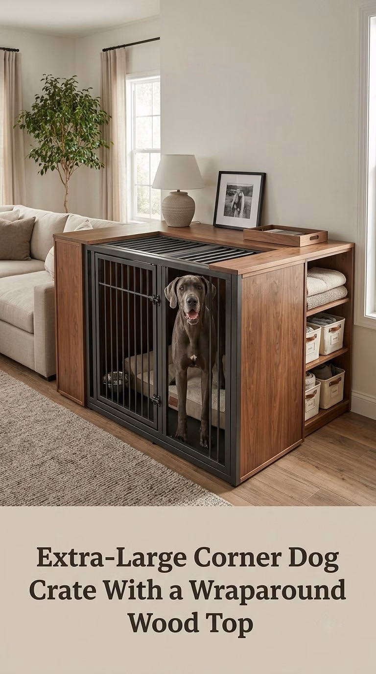 Extra-Large Corner Dog Crate With a Wraparound Wood Top