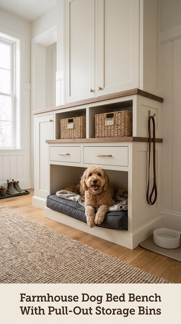 Farmhouse Dog Bed Bench With Pull-Out Storage Bins