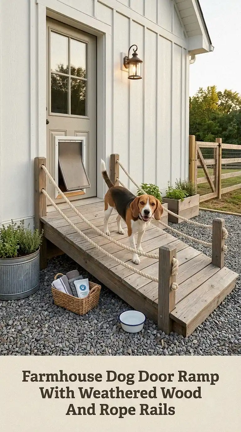 Farmhouse Dog Door Ramp With Weathered Wood And Rope Rails