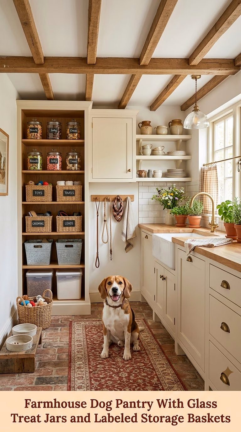 4. Farmhouse Dog Pantry With Glass Treat Jars and Labeled Storage Baskets