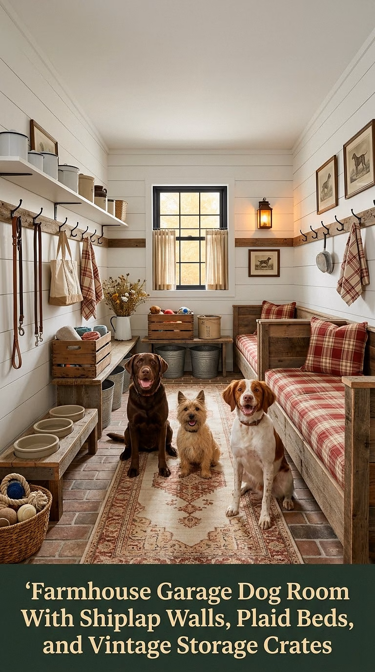 4. Farmhouse Garage Dog Room With Shiplap Walls, Plaid Beds, and Vintage Storage Crates