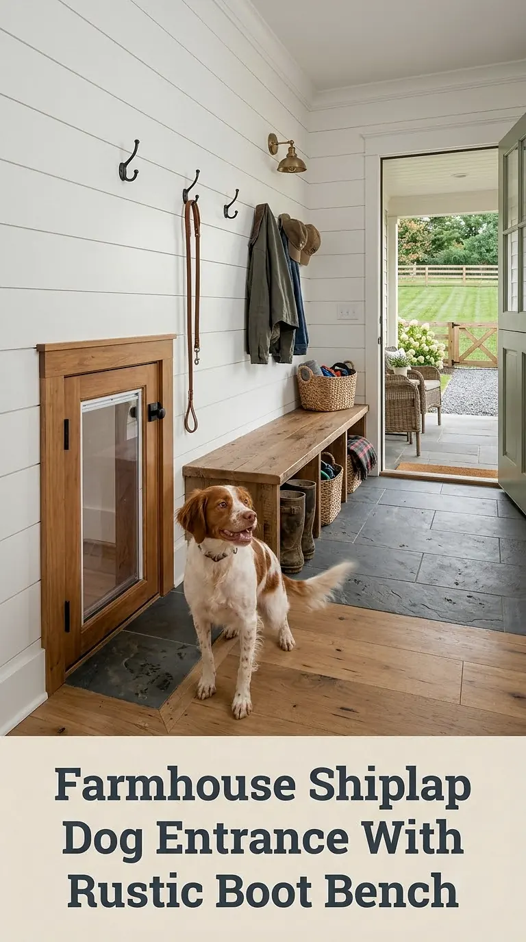 Farmhouse Shiplap Dog Entrance With Rustic Boot Bench