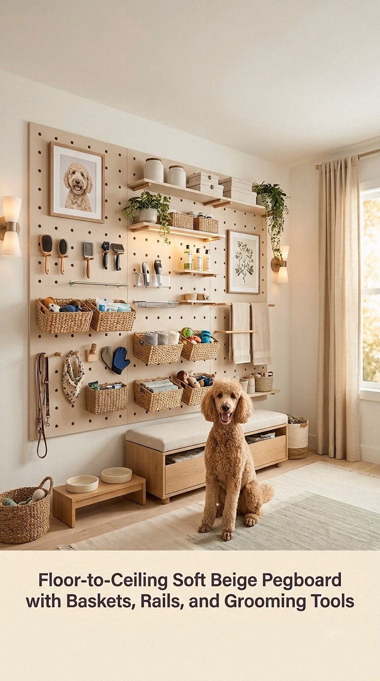 Floor-to-Ceiling Soft Beige Pegboard with Baskets, Rails, and Grooming Tools