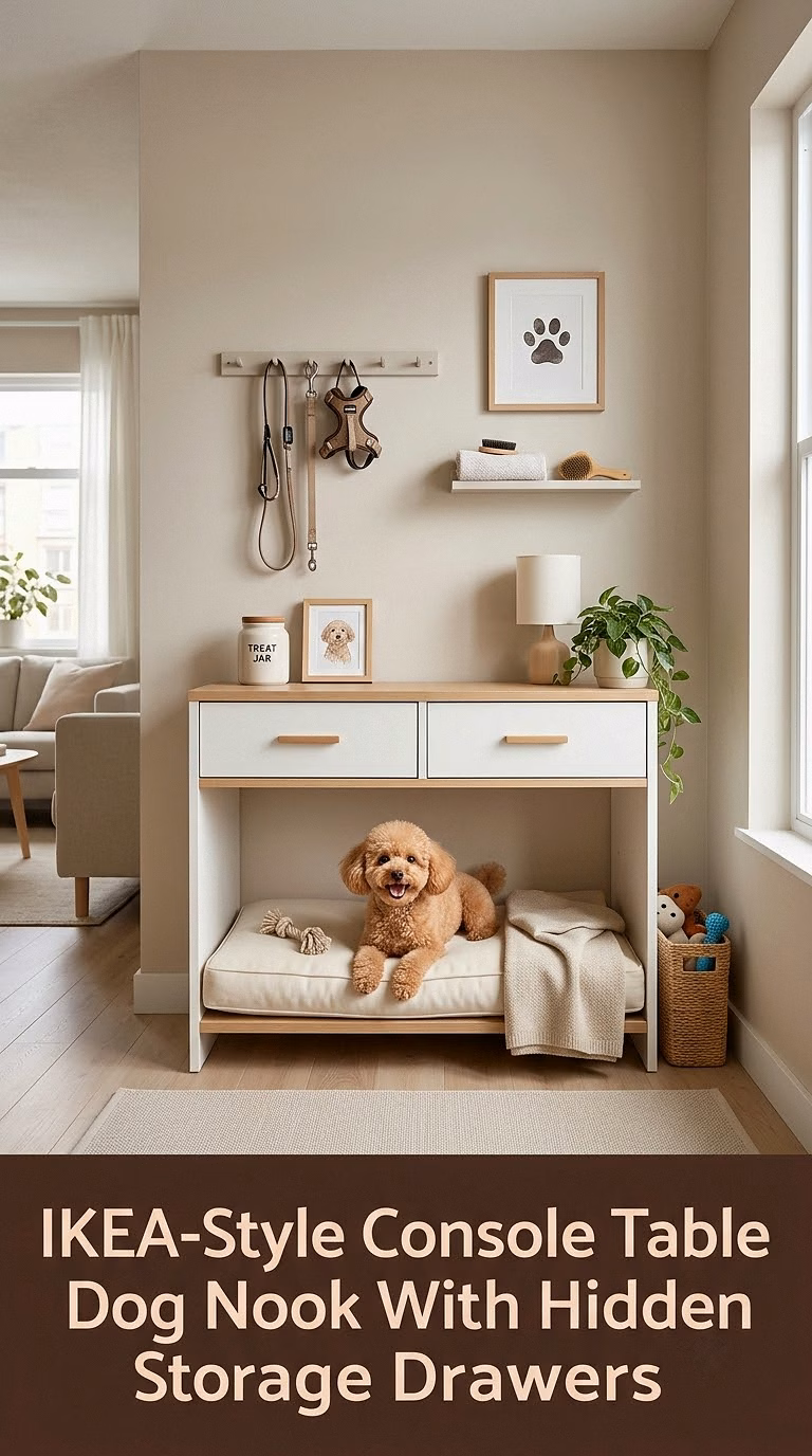 4. IKEA-Style Console Table Dog Nook With Hidden Storage Drawers