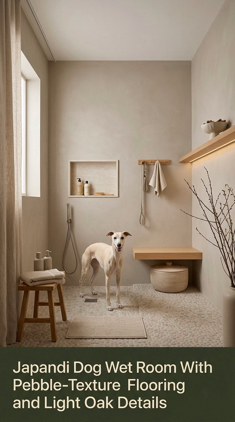 4. Japandi Dog Wet Room With Pebble-Texture Flooring and Light Oak Details