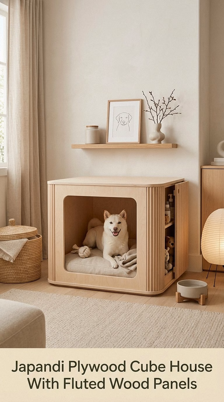 4. Japandi Plywood Cube House With Fluted Wood Panels