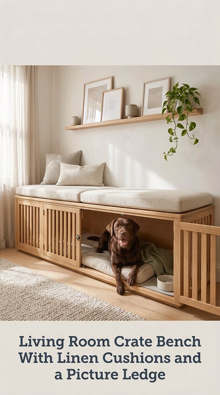 Living Room Crate Bench With Linen Cushions and a Picture Ledge